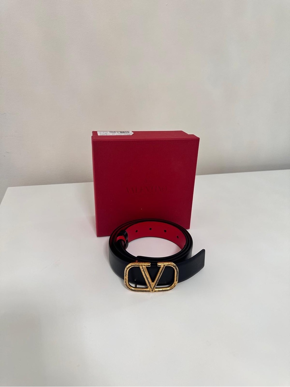 Black Leather Belt with Gold V Buckle